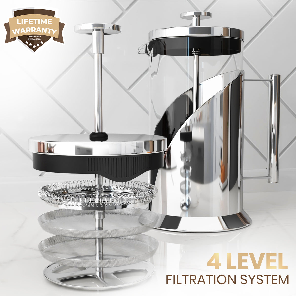 French Press Coffee Maker 4 Level Filtration Coffee Percolator Pot